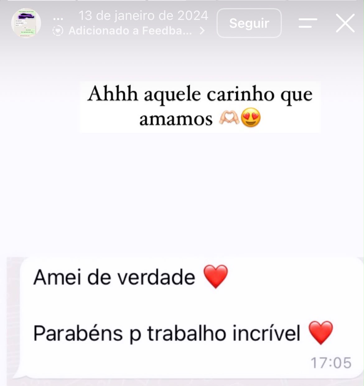 Print original de mensagens de cliente: Amei de verdade. Parabéns pelo trabalho incrível.